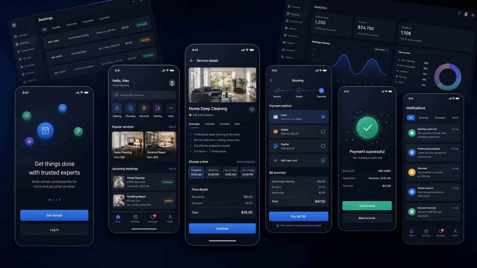 Custom mobile app development showcase with booking app screens and admin analytics by BLYNC.io